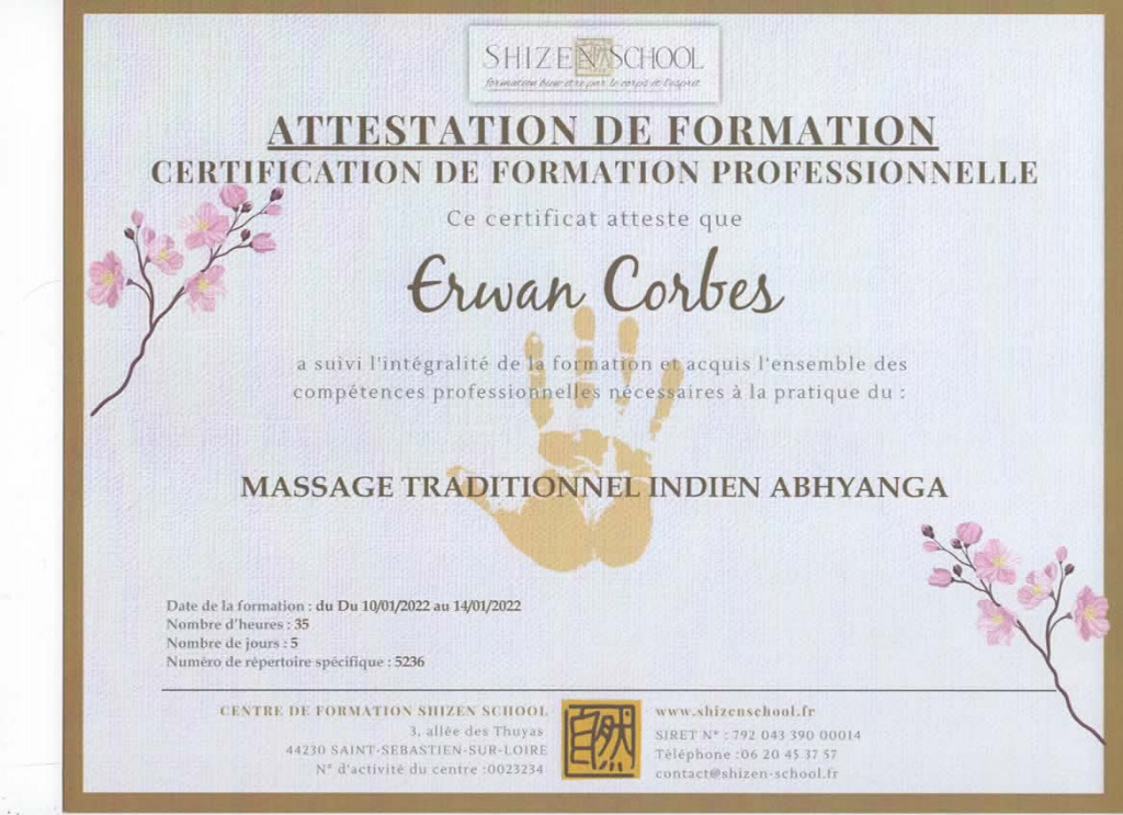 photo diplome Abhyanga Forêveur