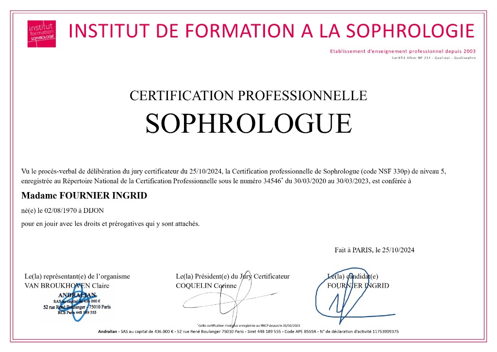 photo diplome Ingrid Fournier Sophrologie