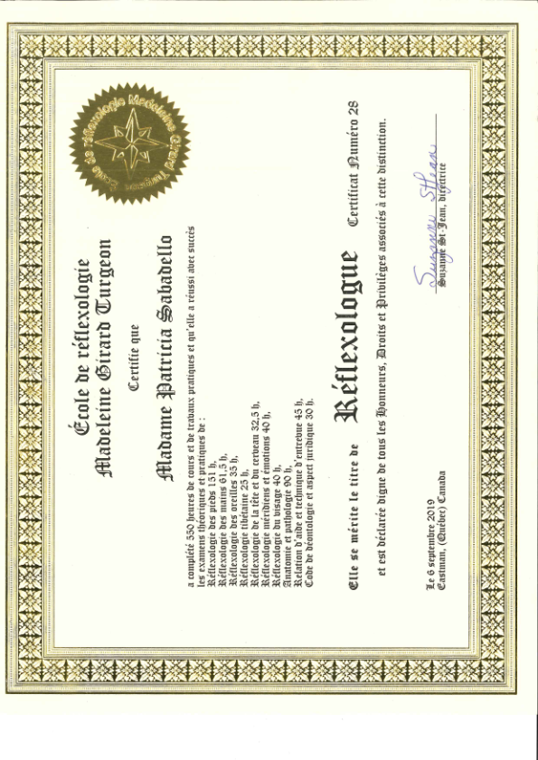 photo diplome Patricia Sabadello réflexogue & massothérapeute
