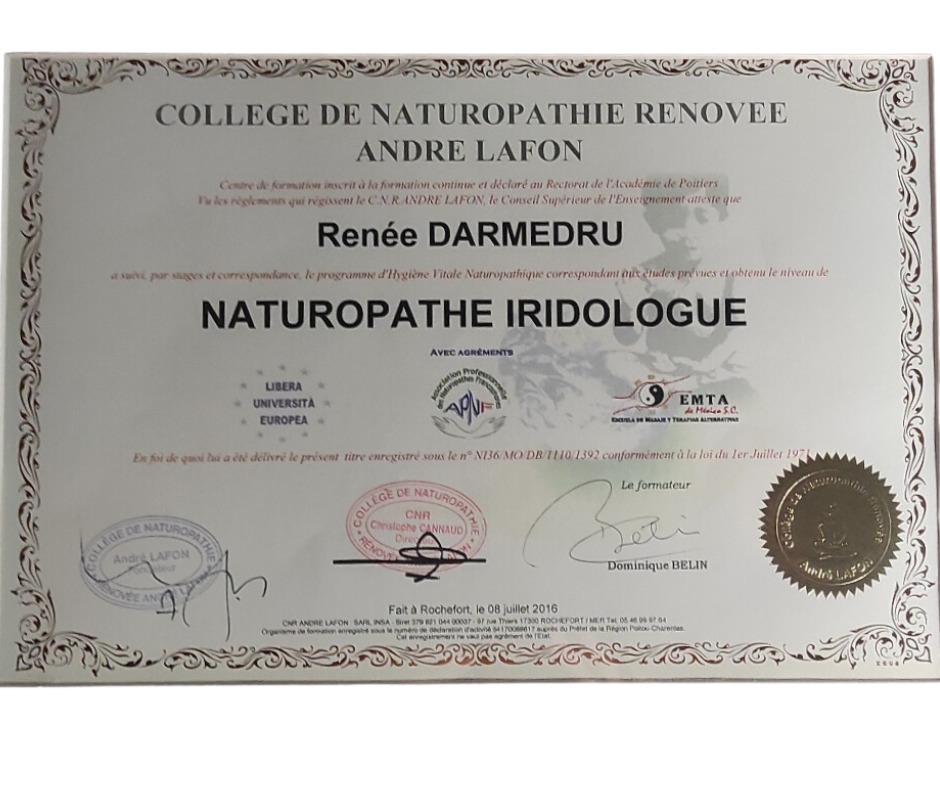 photo diplome Cabinet de naturopathie Darmedru Renée