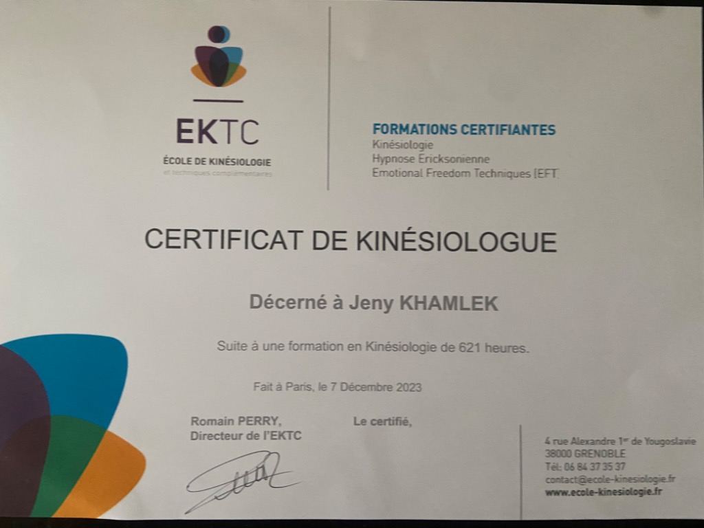 photo diplome Jeny K - Kinésio