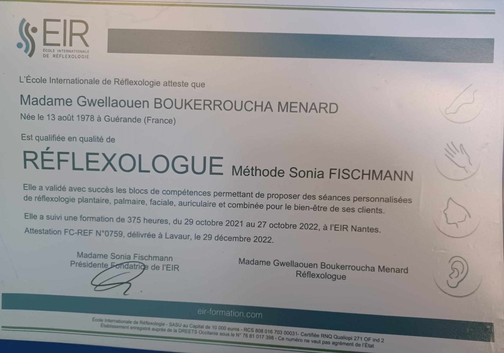 photo diplome Gwellaouen Boukerroucha Réflexologue