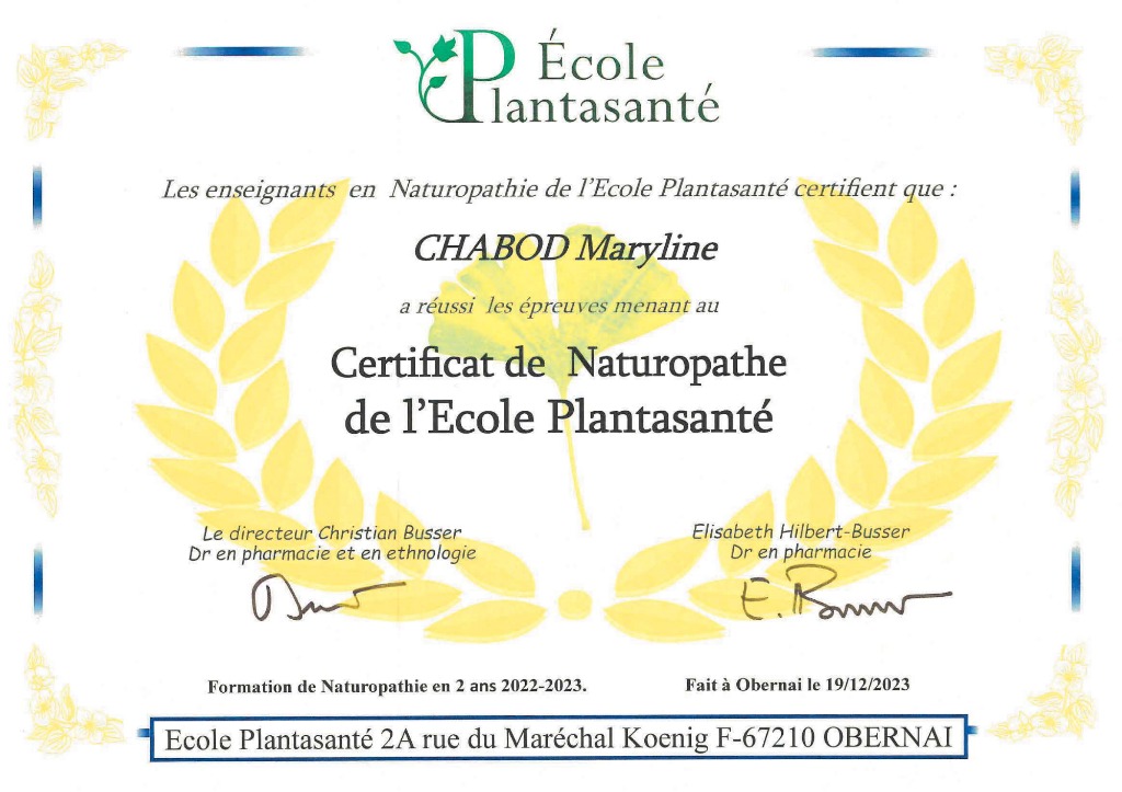 photo diplome Maryline Chabod Naturopathe