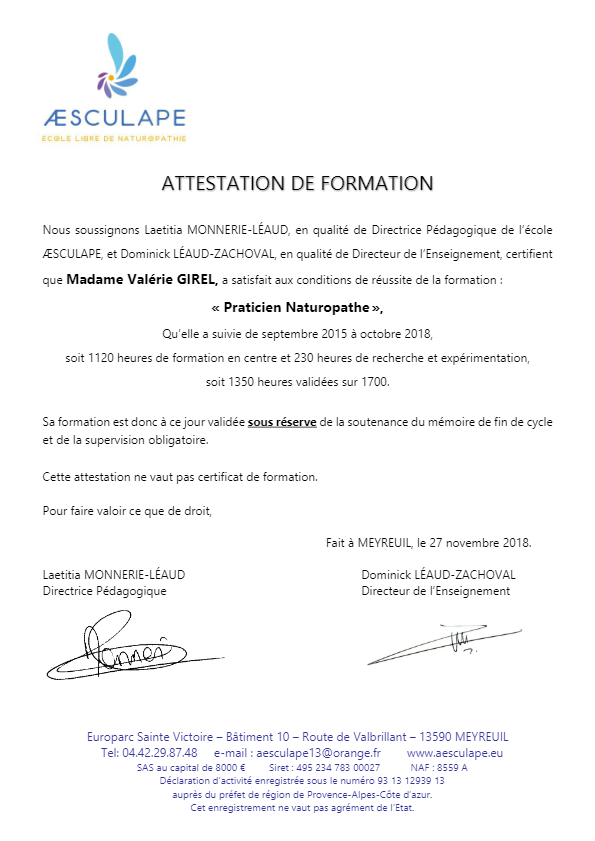 photo diplome Valérie GIREL, NATUROPATHE