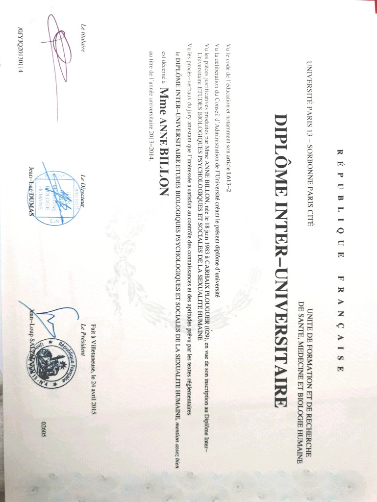 photo diplome Anne Billon Cabinet de sexologie 