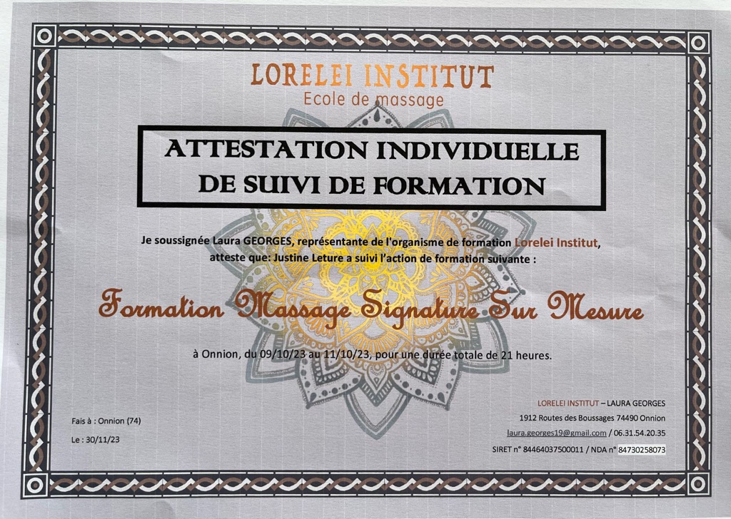 photo diplome Cocoon Massage Bien-être