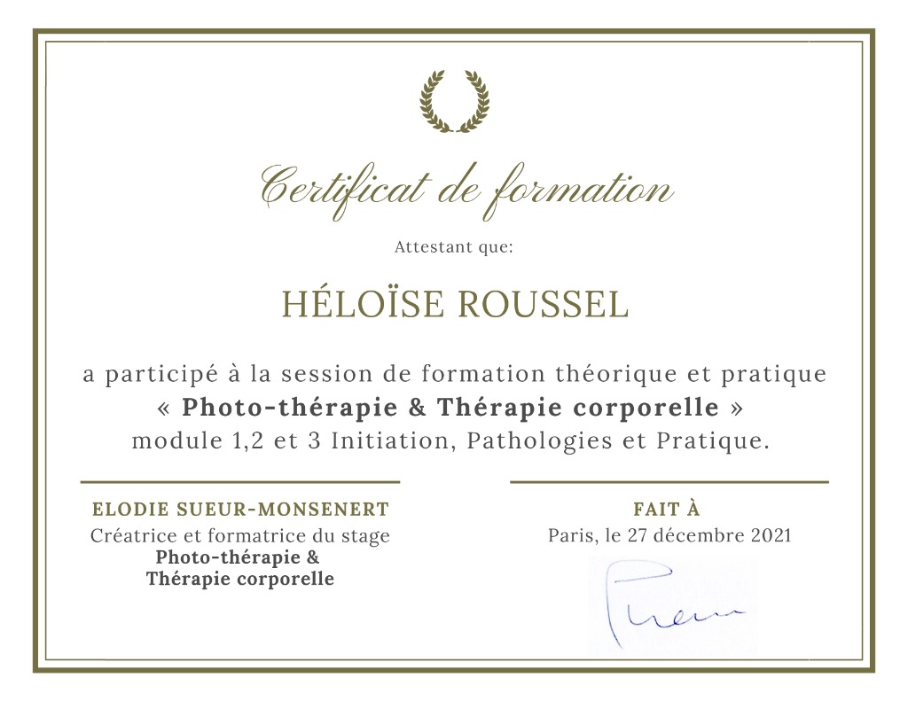 photo diplome Héloïse Roussel Photo-thérapeute 