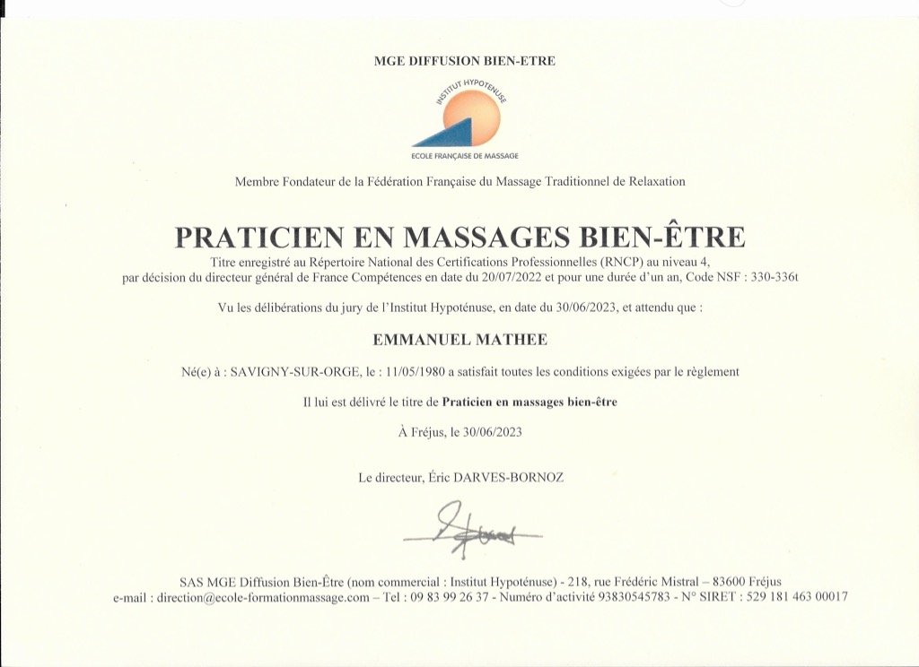 photo diplome Emmanuel Massages Bien-être