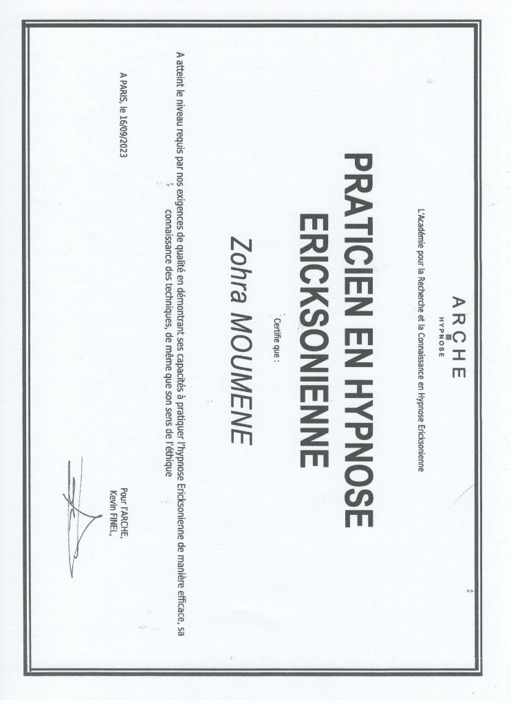 photo diplome Cabinet d’hypnothérapie 