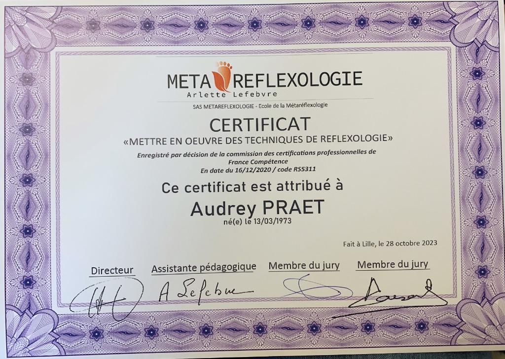 photo diplome Audrey PRAET - Praticienne en Réflexologie