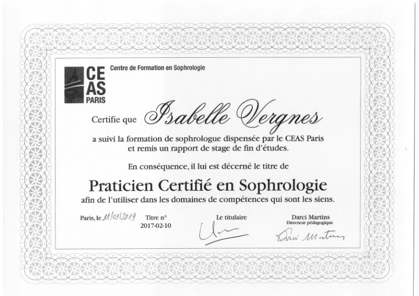 photo diplome Isabelle Vergnes Sophrologie