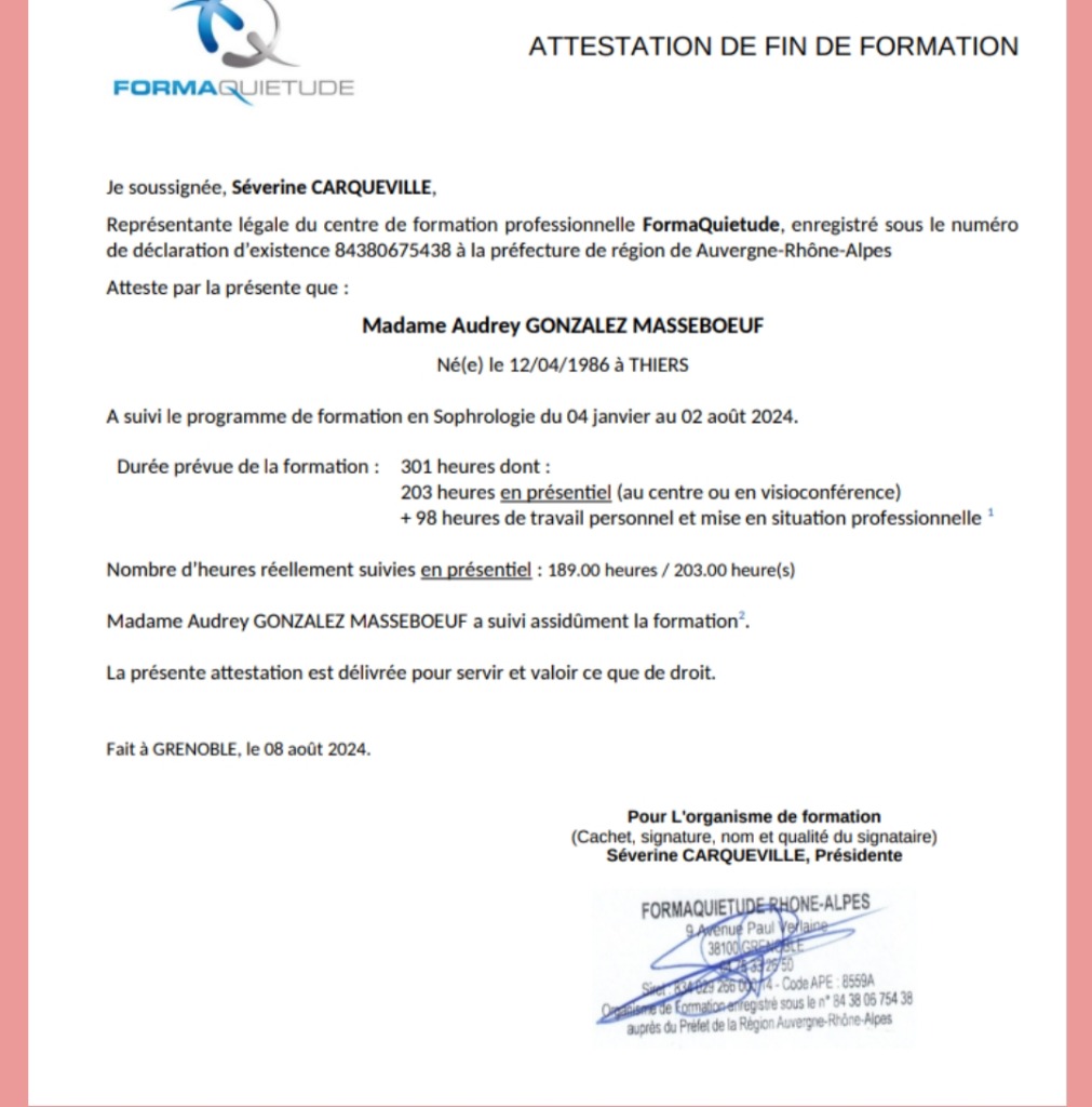 photo diplome Audrey Gonzalez Sophro Coach de Vie