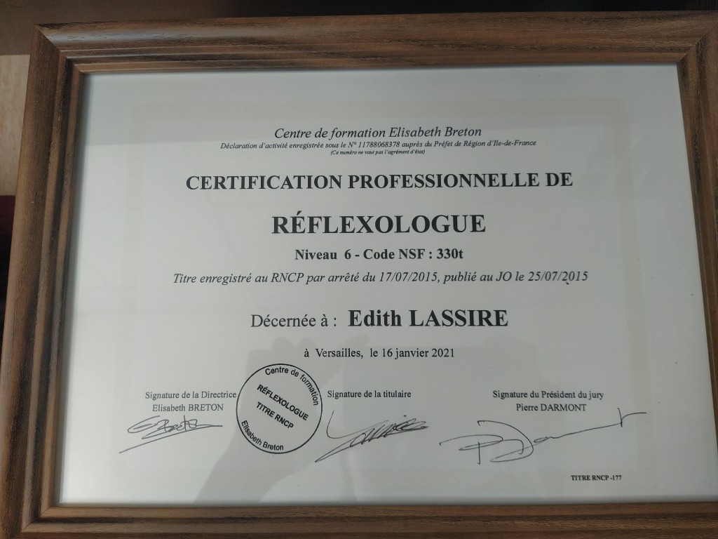 photo diplome Edith Lassire - Réflexologue RNCP, Relaxologue
