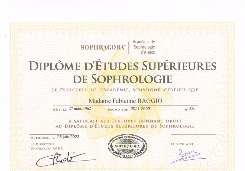 photo diplome SOPHR’ALIVA - Fabienne BAGGIO