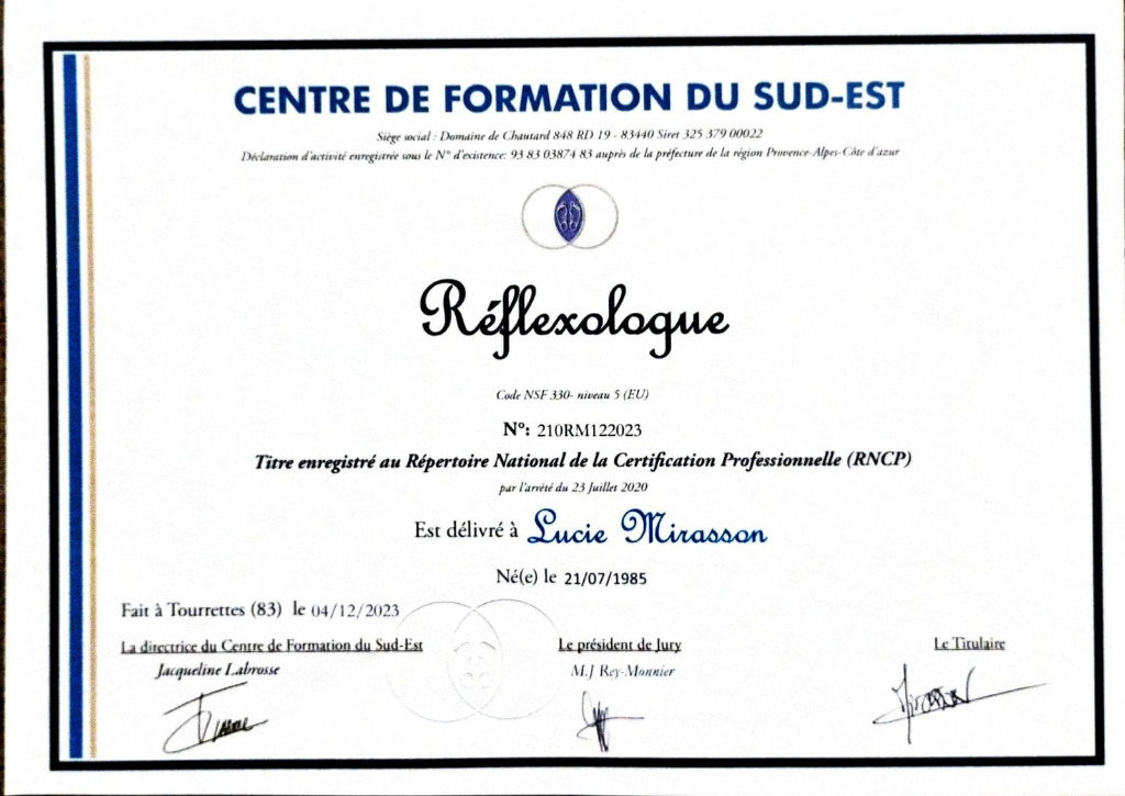 photo diplome Lucie MIRASSON Réflexologue