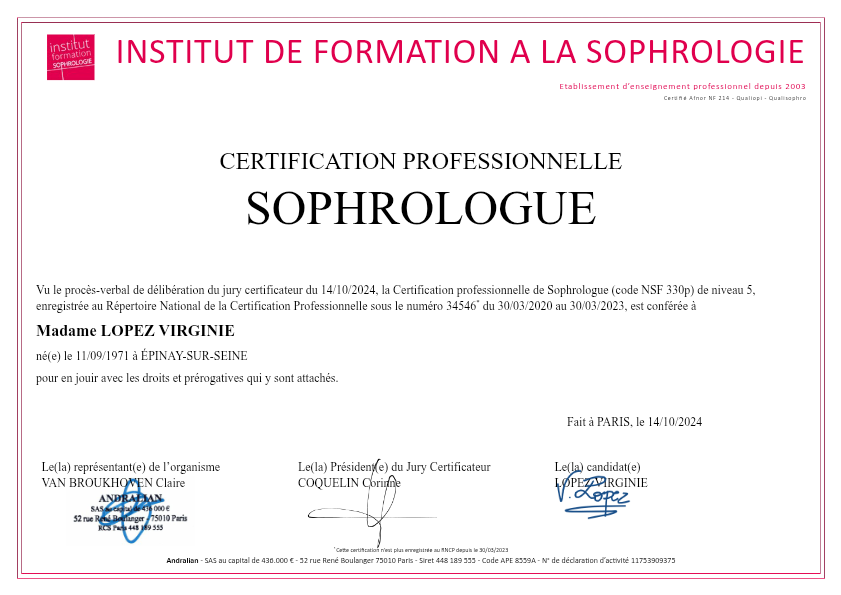 photo diplome Virginie Lopez Sophrologue 