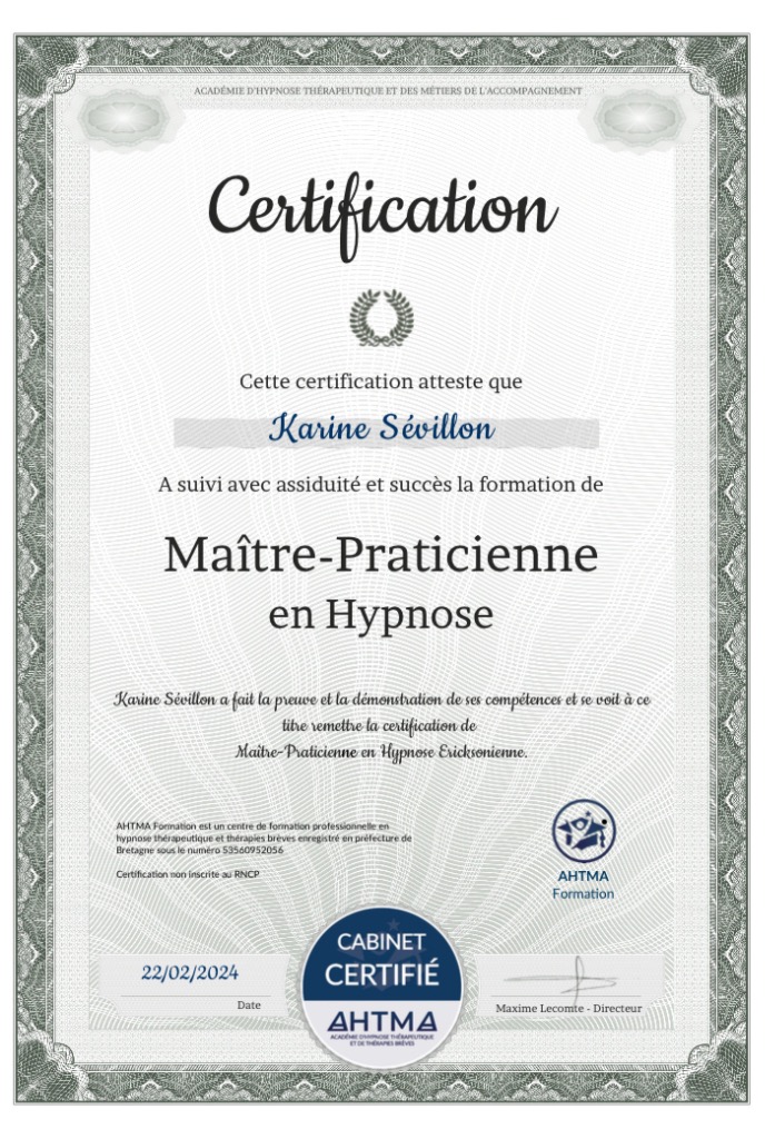 photo diplome Karine Conscien’S’en Soi 
