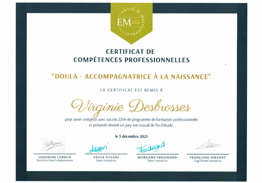 photo diplome Doula Doucoeur - Virginie DESBROSSES