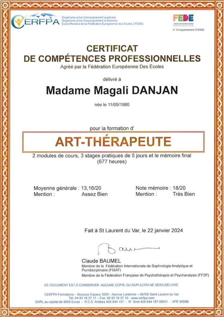 photo diplome Plumes, Art-Thérapie