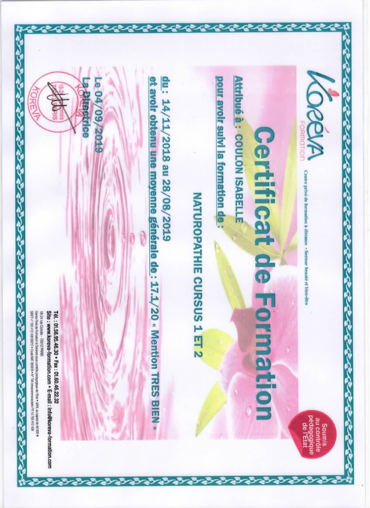 photo diplome Isabelle COULON Naturopathe