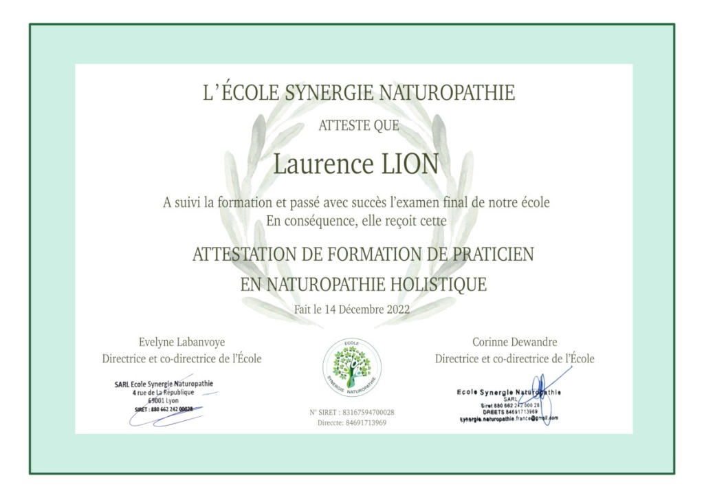 photo diplome Laurence Lion Naturopathe