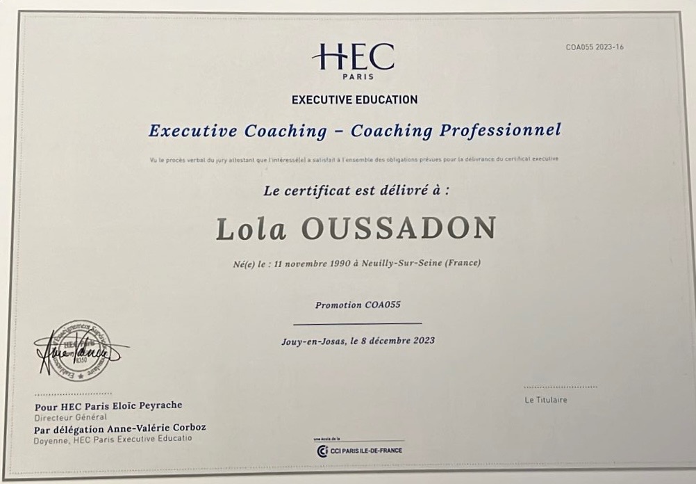 photo diplome Lola OUSSADON, coach professionnelle certifiée HEC