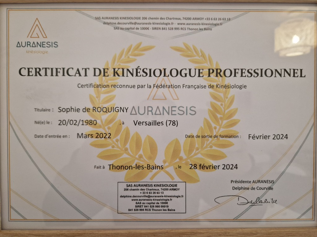 photo diplome Sophie de Soulages kinesiologue certifiée 