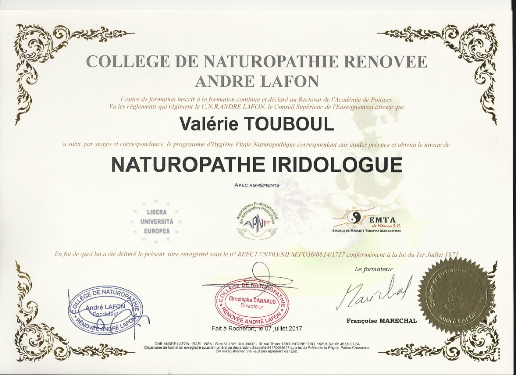 photo diplome Valérie TOUBOUL Naturopathe