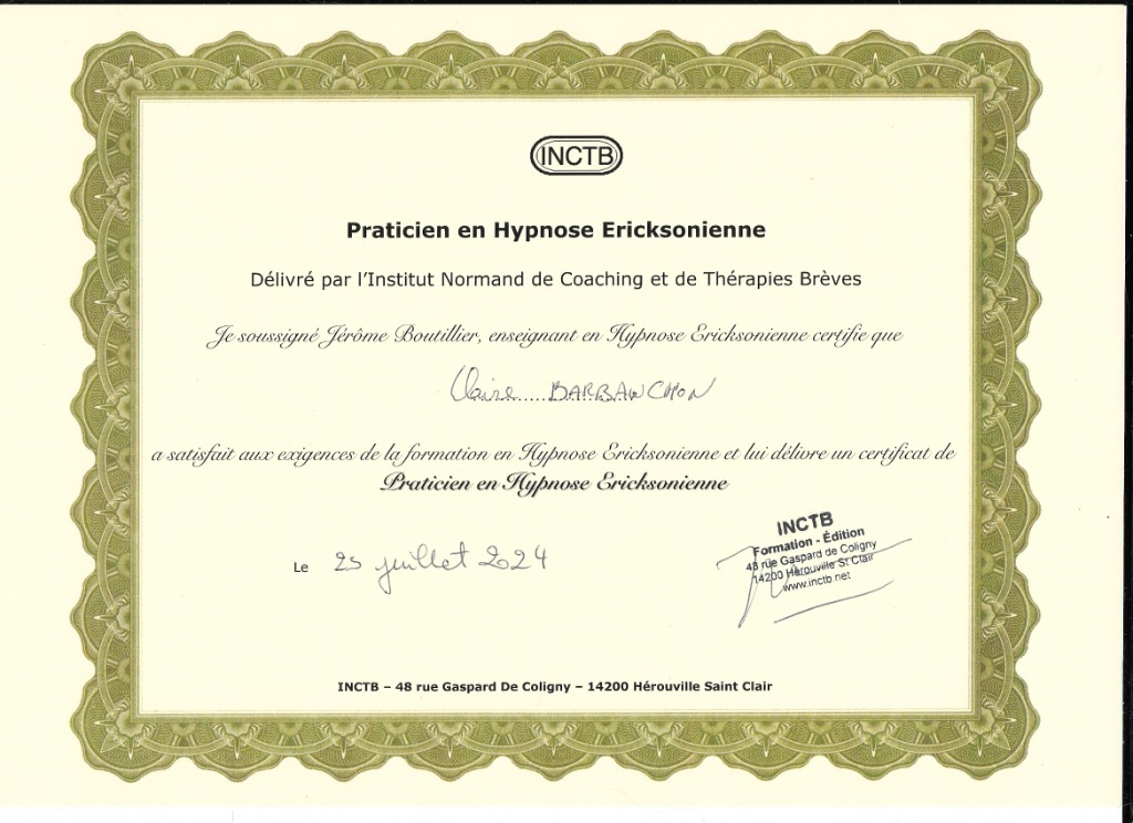 photo diplome Claire Hypnose Le Havre