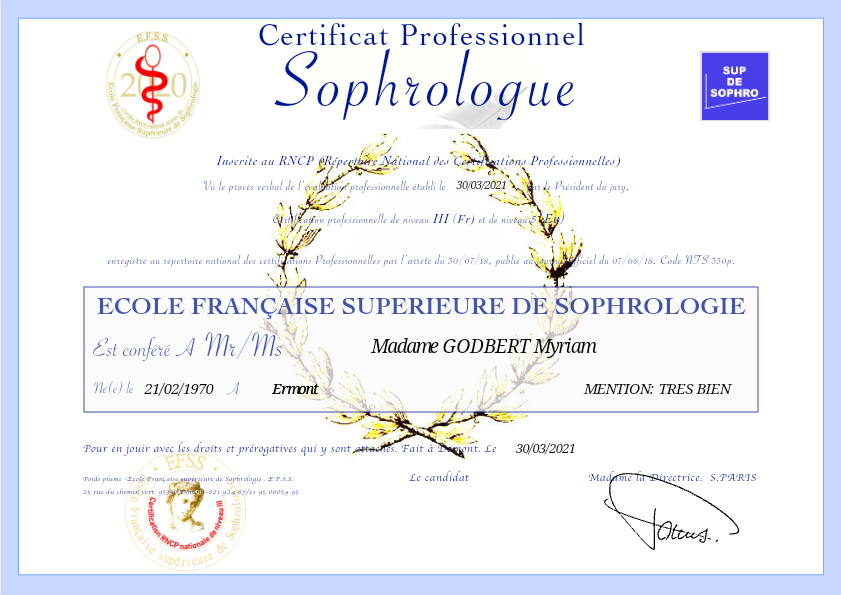 photo diplome Myriam Godbert Sophrologue 