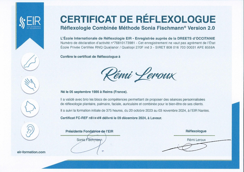photo diplome Rémi Réflexologie