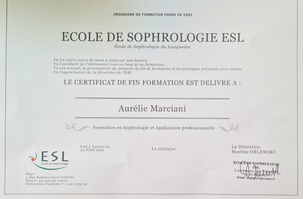 photo diplome Aurélie Marciani Sophrologue 