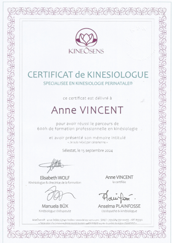 photo diplome Anne Vincent Kinesiologue Sophrologue