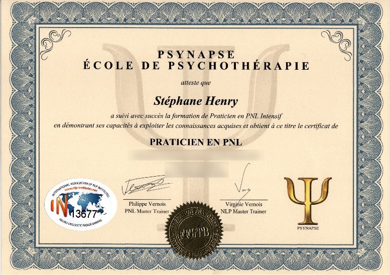 photo diplome Stéphane Henry - Mon Hypnopraticien