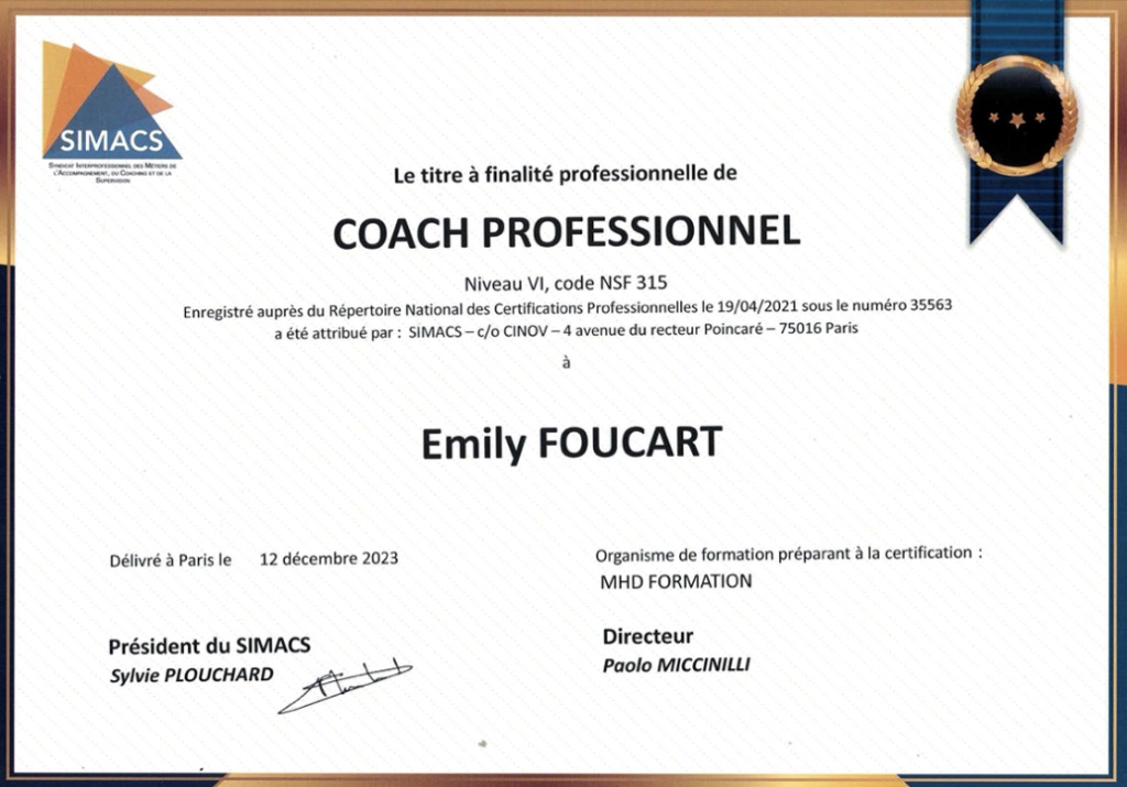 photo diplome Emily Foucart Coaching