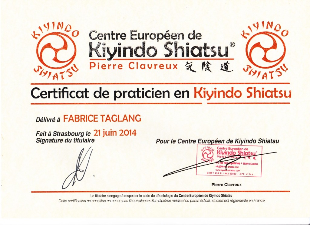 photo diplome Fabrice Taglang Shiatsu