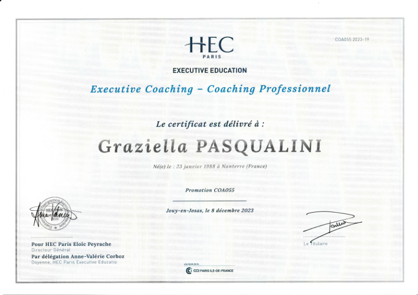 photo diplome Graziella Pasqualini - hypnothérapeute - Coach HEC