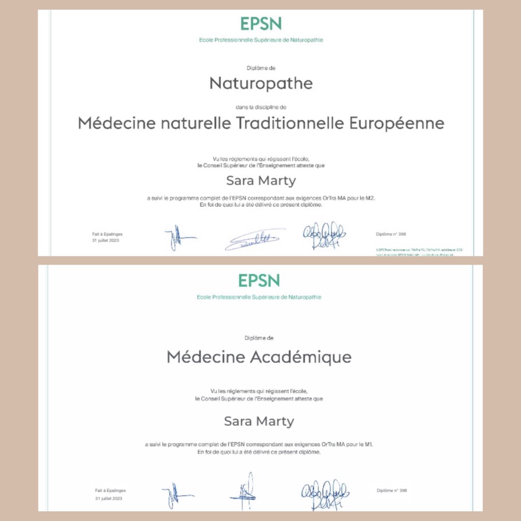 photo diplome Sara Marty Nutrithérapeute