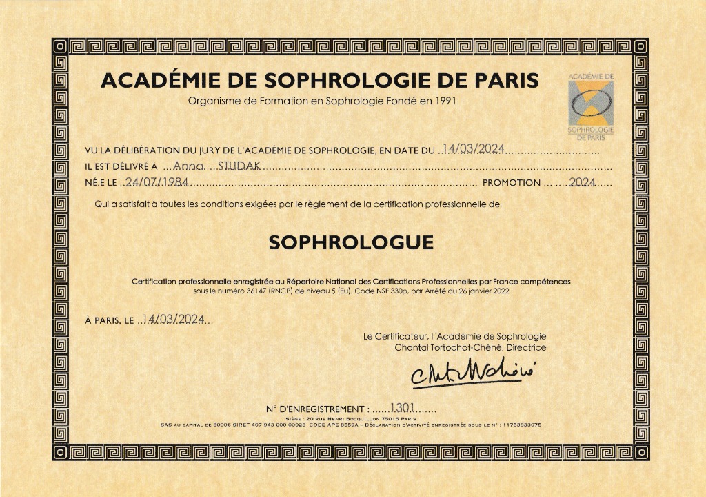 photo diplome Anna Studak Sophrologue, RNCP