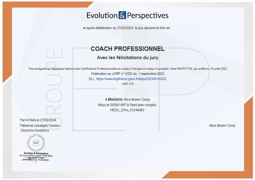 photo diplome Alice Breem Couty, Coach de vie certifié