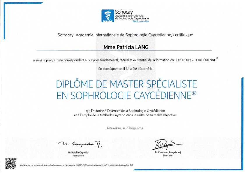 photo diplome Patricia Lang - Sophrologie & Coaching