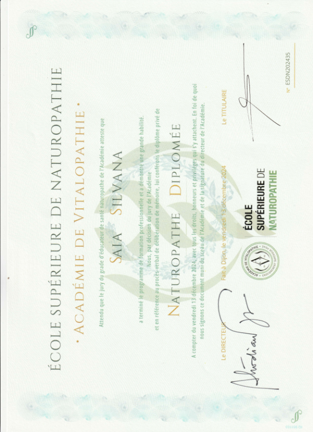 photo diplome HOMEOSTAVIE - SAIA Silvana