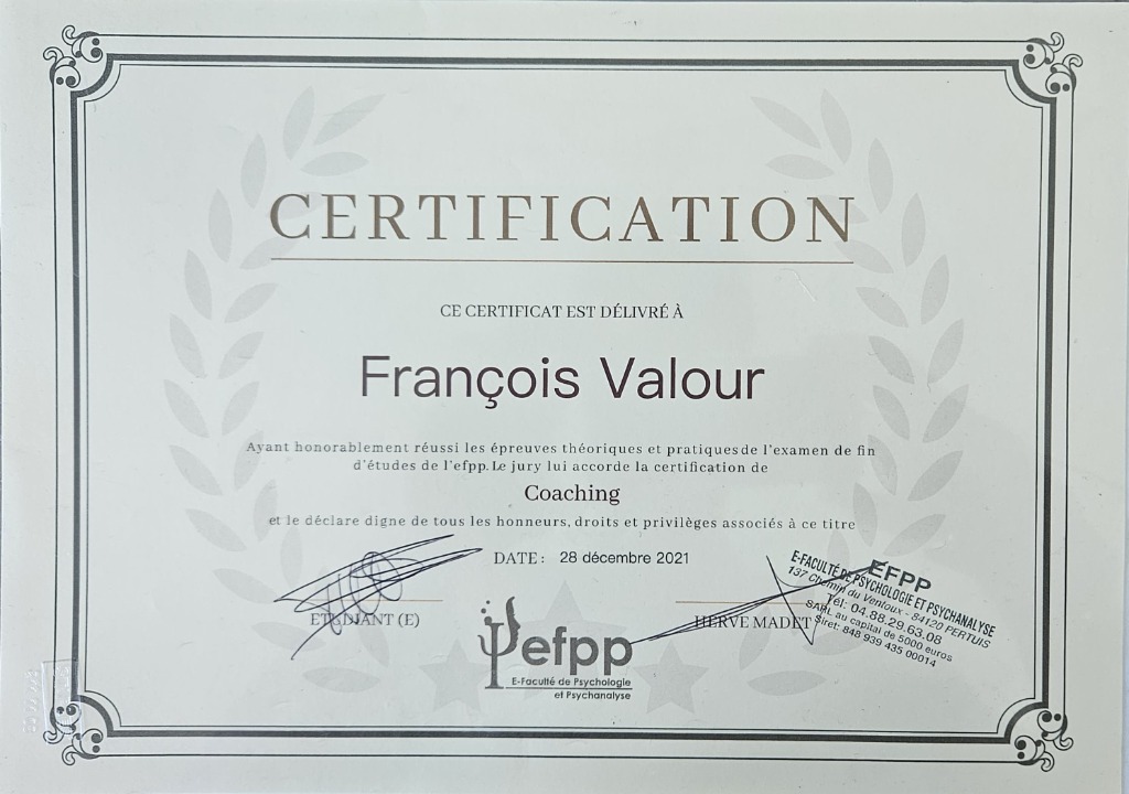 photo diplome Francois VALOUR Coach de vie