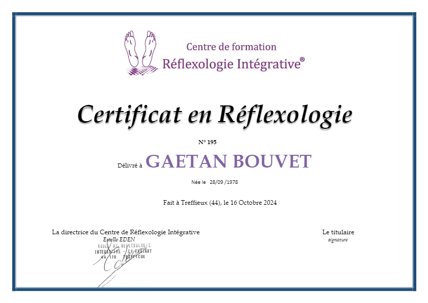 photo diplome Gaëtan BOUVET - Réflexologue plantaire