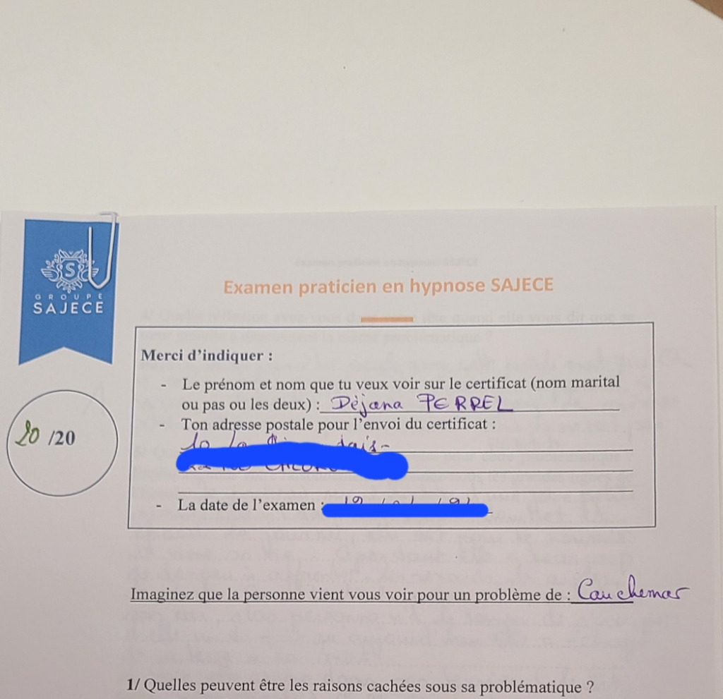 photo diplome Cabinet Hypnose - Dinan - Nouvelle Lune