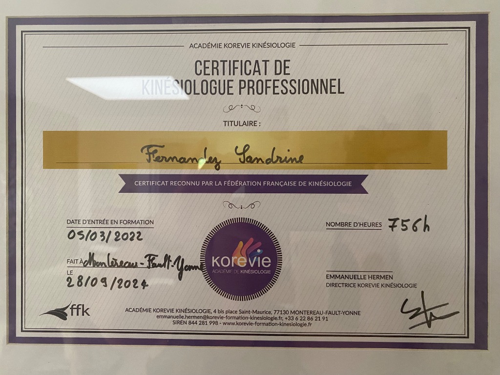 photo diplome Sangaïa Kinésiologie et Réflexes Archaïques