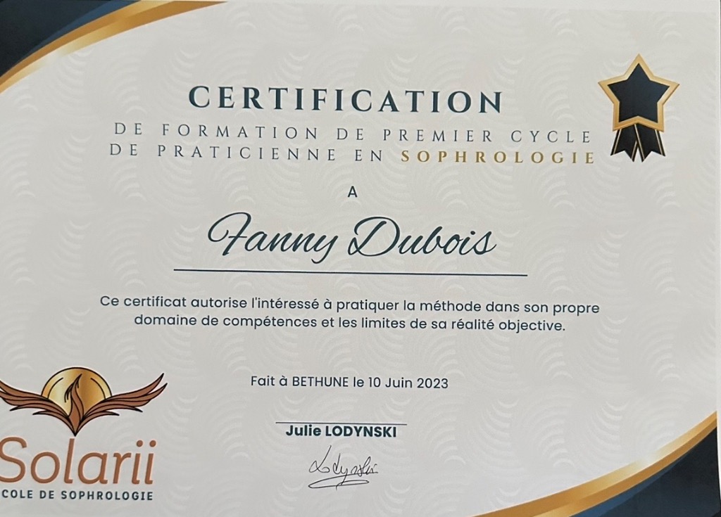 photo diplome Sweet Harmonie Sophrologie