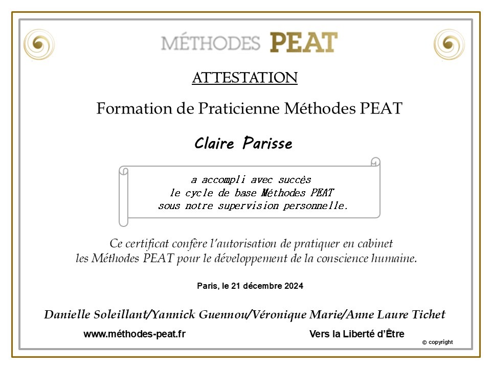 photo diplome Claire Parisse Karma thérapeute