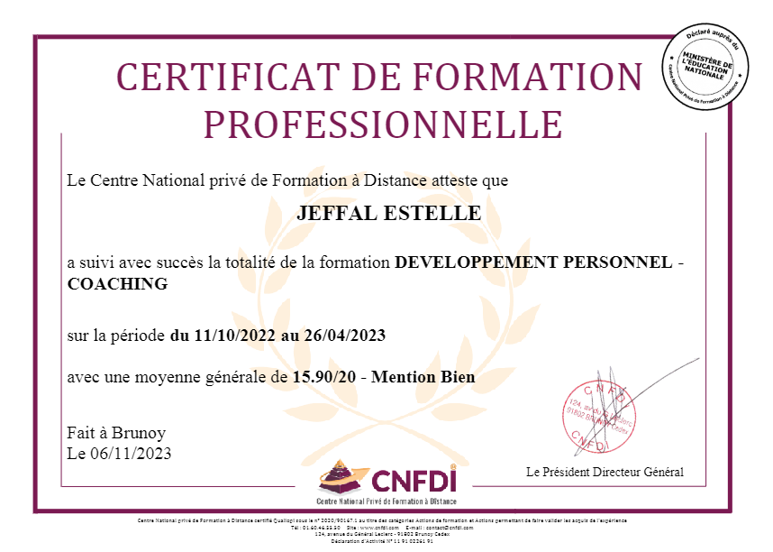 photo diplome ESTIME DE SOI ESTELLE JEFFAL