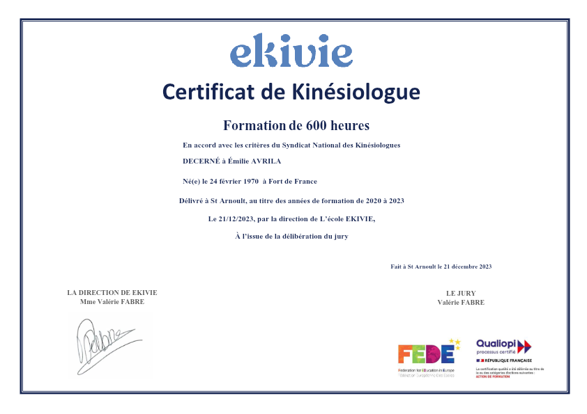 photo diplome AVRILA EMILIE _BIEN ÊTRE POUR BIEN VIVRE